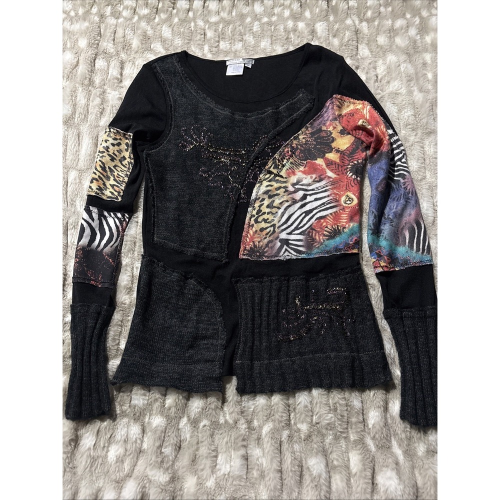 Alberto Makali Black Y2k Animal Print Patchwork Sweater Shirt Large Vintage